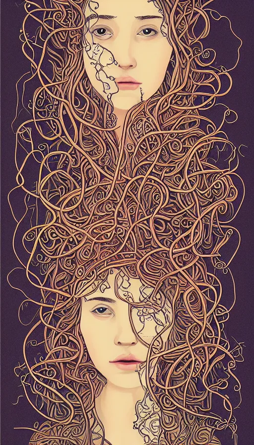 Prompt: very detailed portrait of a 2 0 years old girl surrounded by tentacles, the youg woman visage is blooming from fractal and vines, by kurzgesagt,