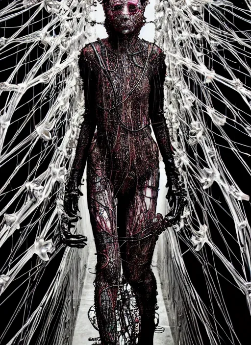 Image similar to walking down the catwalk, steven klein, show, stage, vogue photo, podium, fashion show photo, historical baroque dress, iris van herpen, beautiful woman, full body shot, masterpiece, intricate, wires, veins, jellyfishs, biopunk, guyver, highly detailed