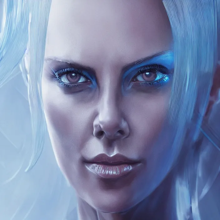 Prompt: charlize theron as mystique. x - men. intricate abstract. intricate artwork. by tooth wu, wlop, beeple, dan mumford. octane render, trending on artstation, greg rutkowski very coherent symmetrical artwork. cinematic, hyper realism, high detail, octane render, 8 k, iridescent accents