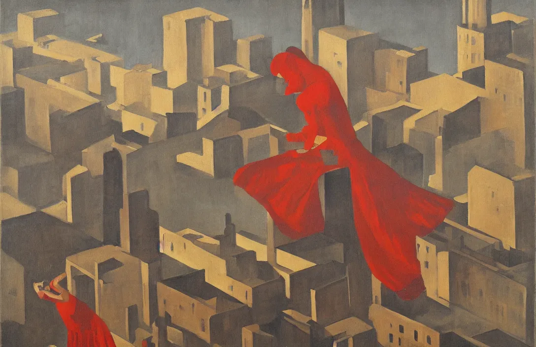 Prompt: a painting in the style of Oscar Florianus Bluemner, a woman in a red dress floats over dark factories