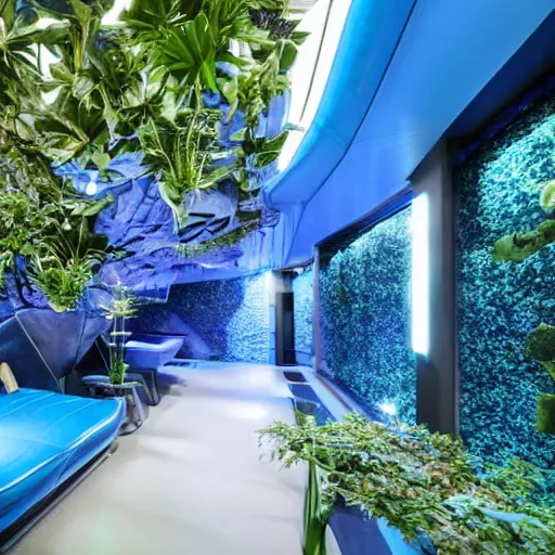 Image similar to a large blue futuristic room, startrek style, filled with plants, vegetation, rocks and a swimming pool.