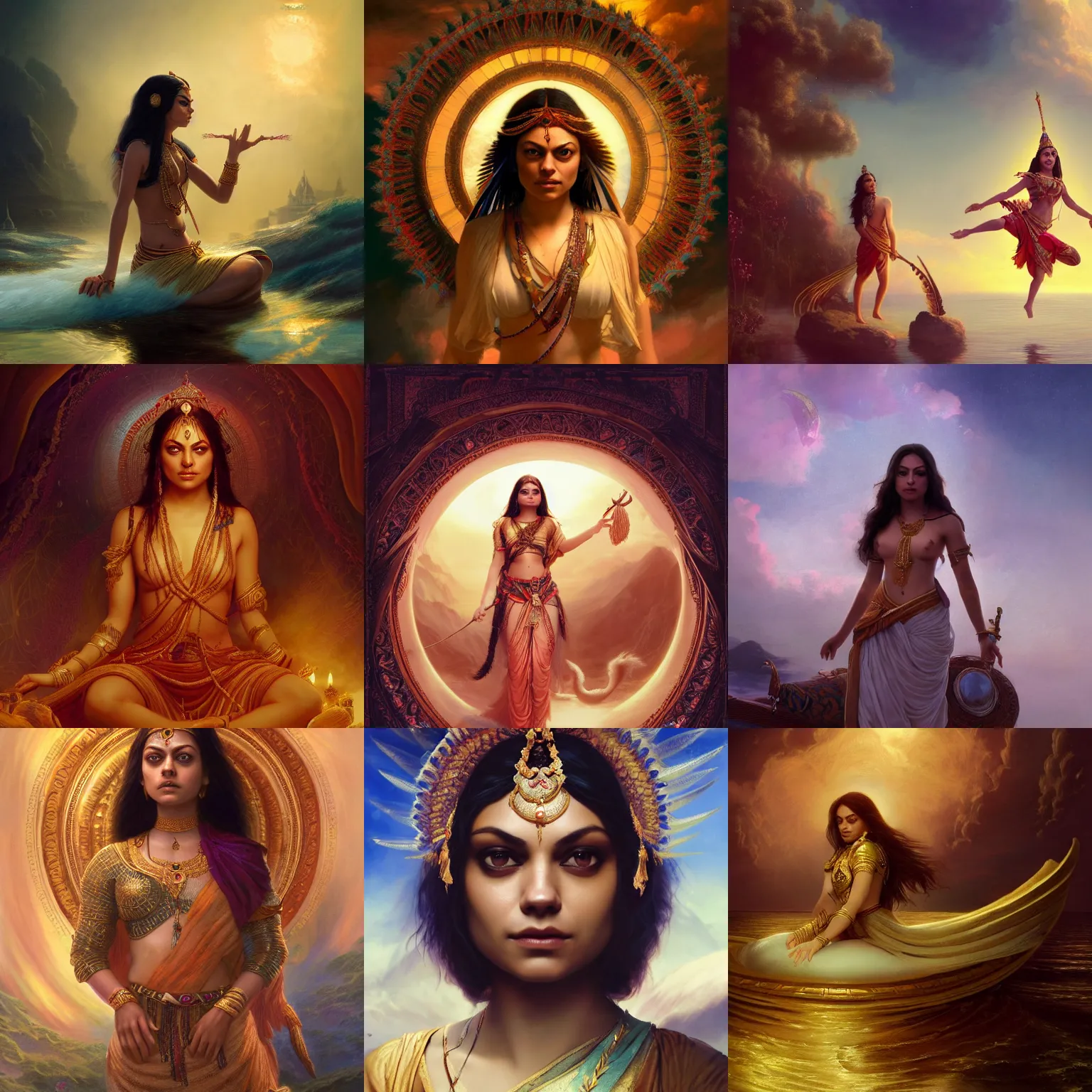 Prompt: Mila Kunis as an indian godess floating between zodiacs in the sky, magical realism, by Frank Moth and Kunrong Yap and Charlie Bowater and Jean-Léon Gérôme, high details, 8K