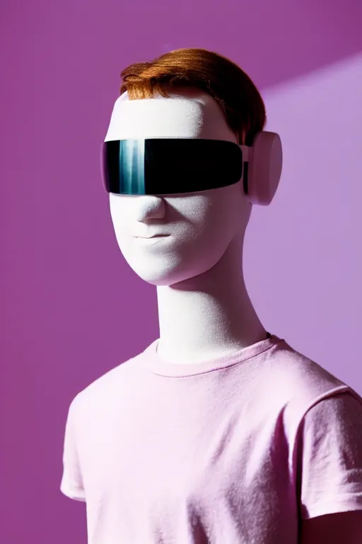 Prompt: a high definition film photograph of a normal androgynous robot human wearing a plain white t - shirt, in a pastel pink room. happy. mech visor covering eyes. crushed shadows.