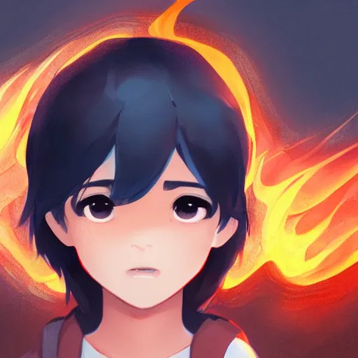 Image similar to a child with dark grey skin, blue eyes and short brown hair holding fire, highly detailed, digital painting, artstation, matte, by makoto shinkai, animation style