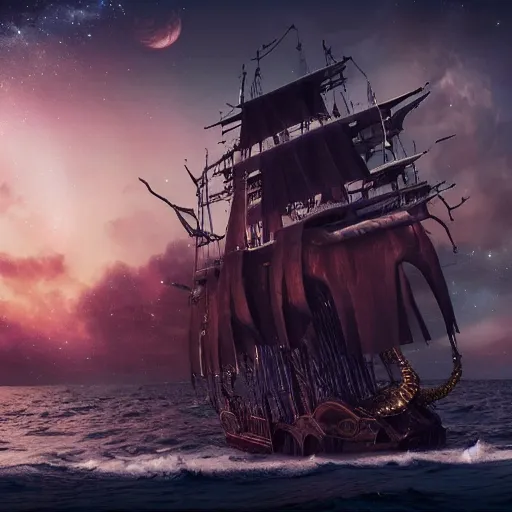 Image similar to a pirate ship with galaxies in the sky ,highly detailed, 4k, HDR, award-winning, artstation, octane render