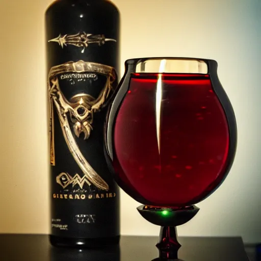 Prompt: a product shot of a klingon blood wine in a crystal chalice