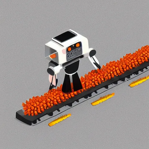 Prompt: Illustration of a small robot driving between rows of growing carrots, powerpoint, 3D-Illustration