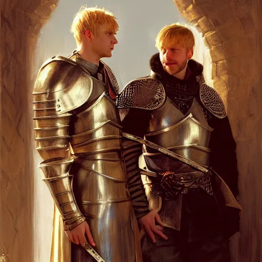 Image similar to attractive arthur pendragon and his favourite attractive male knight, they are in love, camelot, natural lighting, path traced, highly detailed, high quality, digital painting, by gaston bussiere, craig mullins, j. c. leyendecker