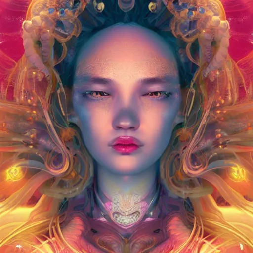 Image similar to goddess portrait. jellyfish phoenix head. intricate artwork by Tooth Wu and wlop and beeple. very coherent symmetrical artwork. cinematic, hyper realism, high detail, octane render, 8k