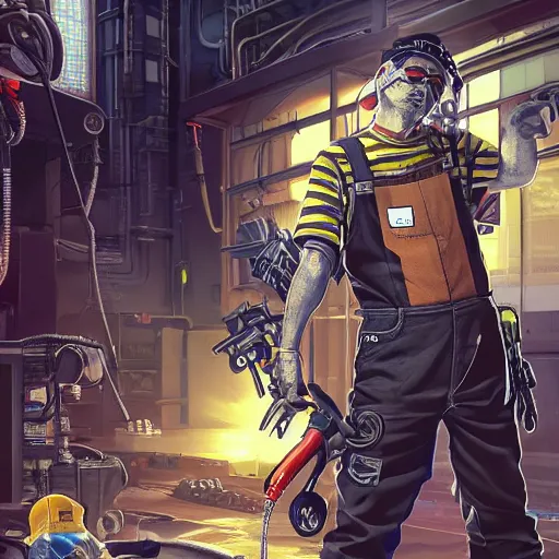 Image similar to Full body portrait of a mechanic in overalls repairing a mech, cyberpunk, illustration, detailed face, detailed background, Ilya Kuvshinov, Hayao Miyazaki, Takashi Takeuchi, Masamune Shirow