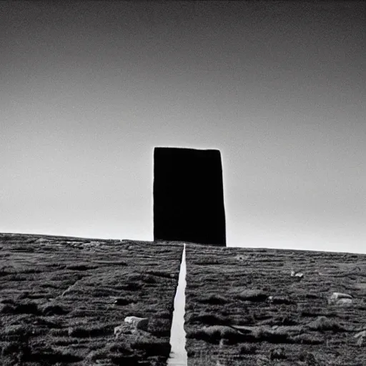 Image similar to mick jagger in front of a huge black monolith, monolith landscape, from the movie 2 0 0 1 a space oddisey directed by stanley kubrick, detailed photo,