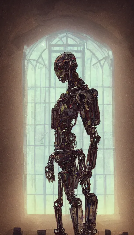 Image similar to portrait of broken humanoid metal robot praying in empty church, sunshine through window, bladerunner, cold color scheme, digital illustration, artstation, cinematic composition