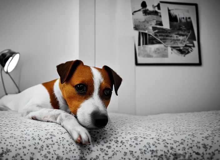 Image similar to photography of a Jack Russel . watching outside the window. on a bed. in a 70's room full of vinyls and posters, photorealistic, award winning photo, 100mm, sharp, high res