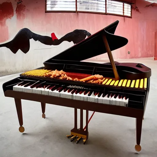 Image similar to a piano made out of meat, a piano in the shape of meat