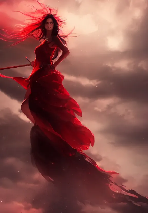 Prompt: a beautiful fierce long black haired woman wearing red dress wielding black sword posing gracefully, heavenly moonlit clouds background, close up shot, artstation, extremely detailed woman, stunning volumetric lighting, hyper realism, fantasy 4k