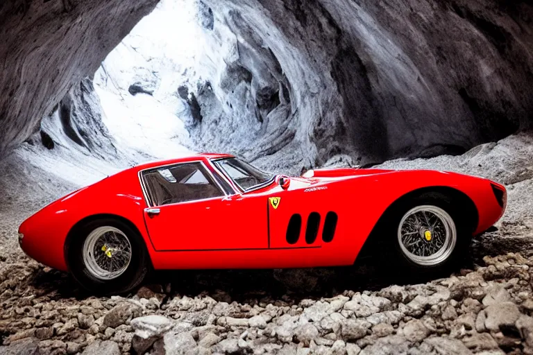 Image similar to cinematography of Ferrari 250 GTO series 2 in a glacier cave by Emmanuel Lubezki