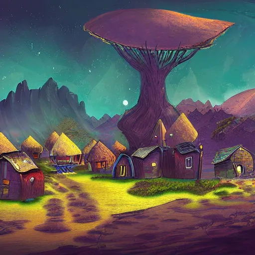 Prompt: village on an alien planet, digital art