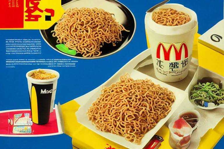 Image similar to mcdonald's yakisoba meal, in 1 9 9 5, y 2 k cybercore, advertisement photo