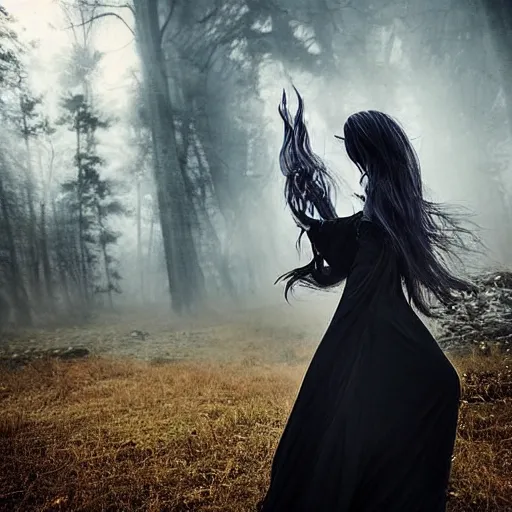 Prompt: a beautiful young slim female witch with bionic parts, cast a spell sourrounded by mist, her hair moves with the wind, she has beautiful facial features, photographed by andrew thomas huang for a high budget fantasy movie
