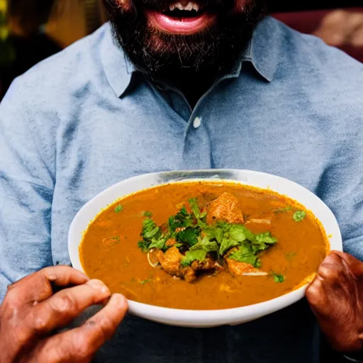 Image similar to photo of a man ecstatically eating a bowl of indian curry. weeping with joy, hands raised