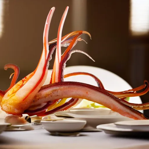 Prompt: a squid in the middle of a dinner table, there are plates setup, realistic hd photo