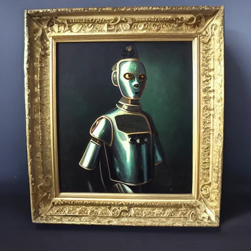 Image similar to oil painting portrait of a steel robot wearing 1 8 th century aristocratic clothing, elegant,
