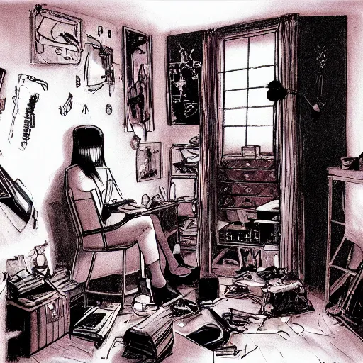 Image similar to lonely goth nerd sitting in cluttered room alone, by glen keane, aesthetic!!!, detailed, realistic, hyper realism, small details, goth aesthetic,