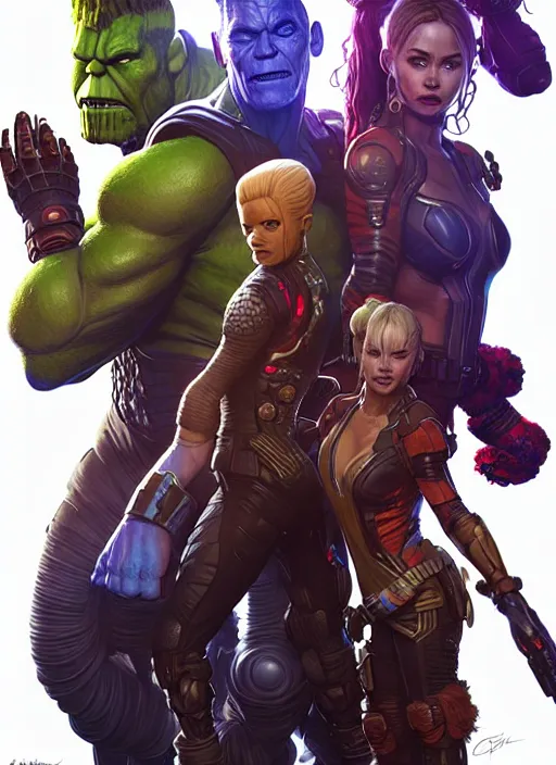 Image similar to portrait of apex legends groot, thanos, harley quinn, hulk, crew shot, intricate, elegant, glowing lights, highly detailed, digital painting, artstation, glamor pose, concept art, smooth, sharp focus, illustration, art by artgerm and greg rutkowski, artey freytag