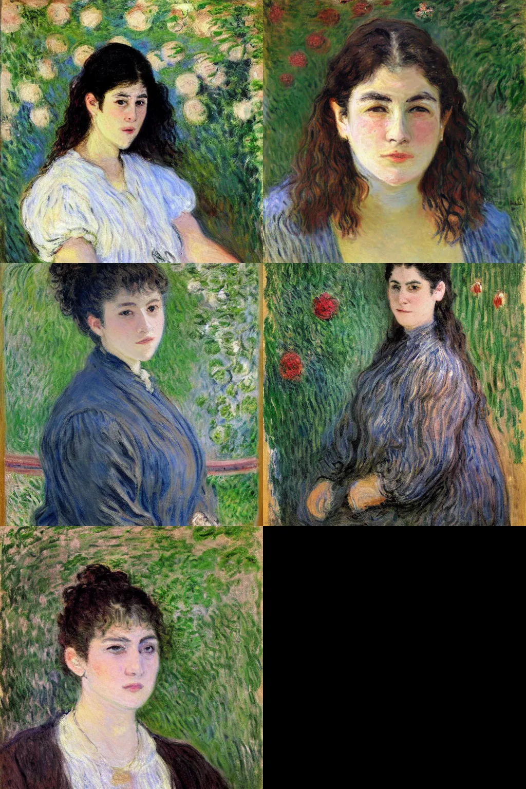 Prompt: an hd painting of a woman by claude monet. she has straight long dark brown hair, parted in the middle. she has large dark brown eyes, a small refined nose, and thin lips. she is wearing a t - shirt with the supreme brand logo lettering on it, a sleeveless white blouse, a pair of dark brown capris, and black loafers.