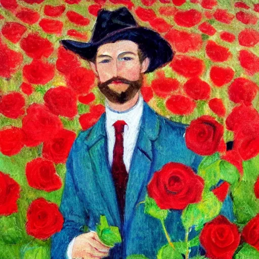 Image similar to an impressionist painting of a tall man with blue eyes and brown hair stands in the middle of a field of red roses. He is wearing a leather wide brim hat and a leather vest. He holds a single red rose in his hand