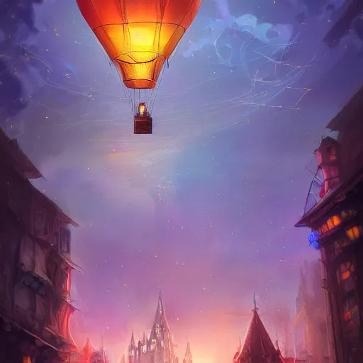 Image similar to a beautiful stunning fantasy whimsical matte digital illustration of a hot - air balloon powered by magic over a lit city at night by marc simonetti, pastel color palette, disney magic the gathering steampunk, chiaroscuro magical bokeh moon stars dramatic romantic, trending on artstation hq, masterpiece