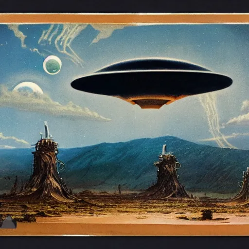 Image similar to tintype, wide view, thundra ufo crash site, team of scientists studying captured alien, art by bruce pennington