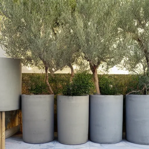 Image similar to large concrete pot on the rooftop, olive trees, comfortable for seating