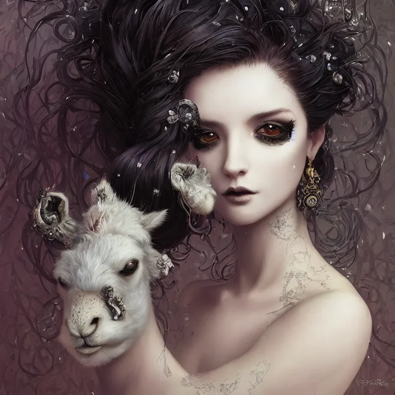 Image similar to highly detailed portrait of a goth alpaca, black eyeshadow, piercings, earrings, unreal engine, dark fantasy art by greg rutkowski, loish, rhads, ferdinand knab, makoto shinkai and lois van baarle, ilya kuvshinov, rossdraws, tom bagshaw, alphonse mucha, global illumination, radiant light, detailed and intricate environment