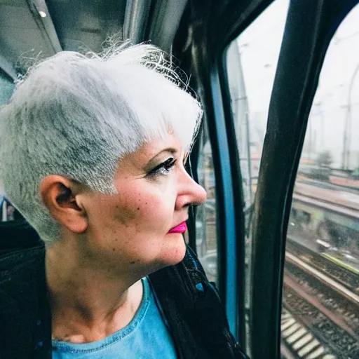 Prompt: a beautiful woman with white hair looking out of a train window, cyberpunk city, photography, dslr 1 5 mm, rainy weather, 4 k