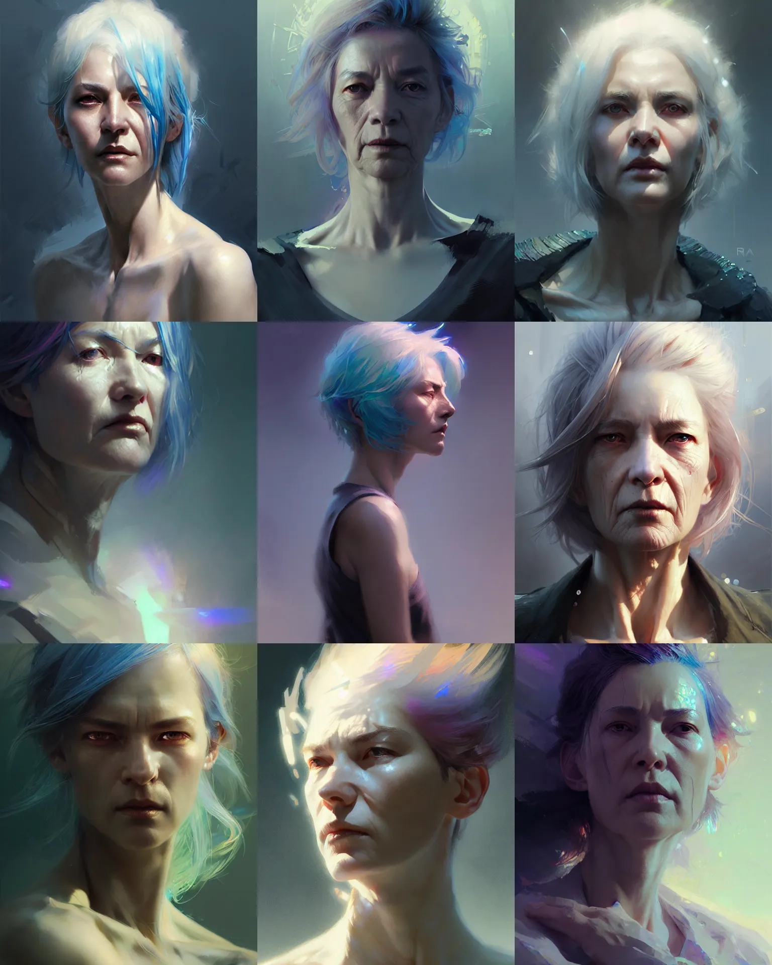 Prompt: rugged mature female, with glowing iridescent hair color, attractive hot sexy, uniform, side portrait, intricate, sharp focus, illustration, highly detailed, digital painting, concept art, matte, art by ruan jia and wlop and greg rutkowski, masterpiece