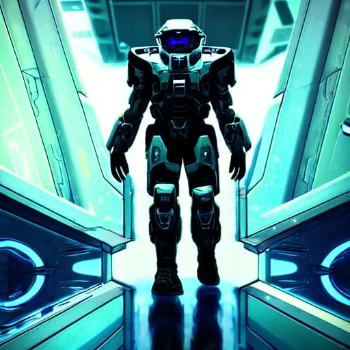 Prompt: cyberpunk halo character walking on a space bridge, helmet shot, reflection, epic, dramatic, cinematic, award winning, ultra detailed, realistic