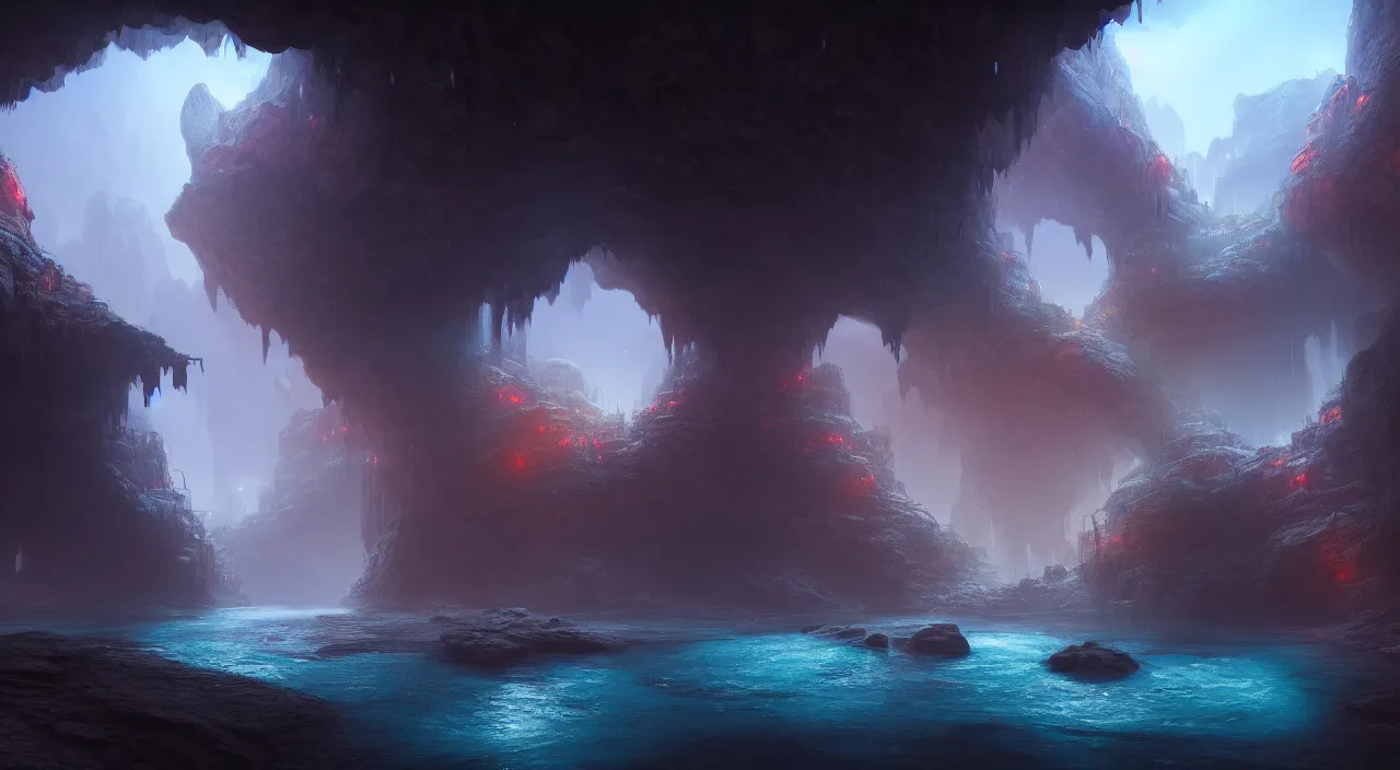 Image similar to A highly detailed 4K fantasy matte painting of city inside cave built around a long river. ArtStation, CGSociety, Unreal Engine, concept art, red and blue color scheme.