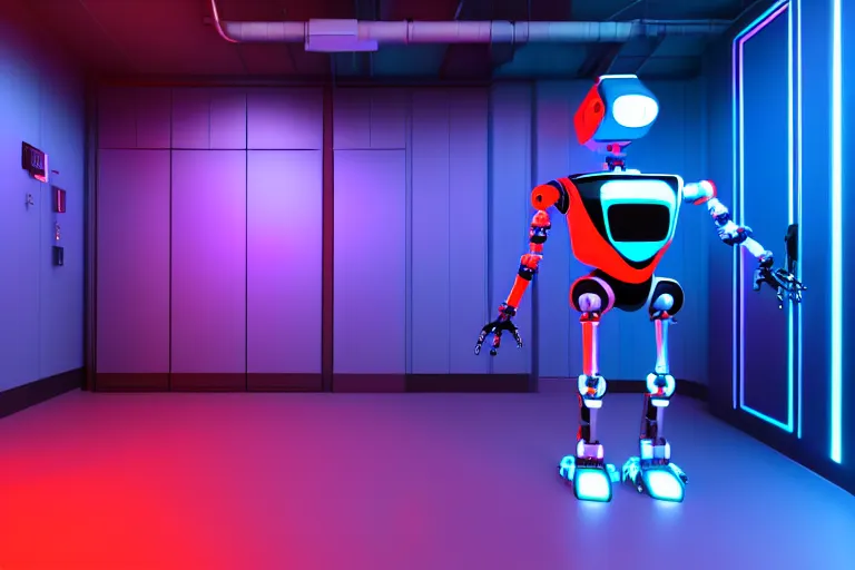 Prompt: full body robot picture, background is data server room, neon and dark, purple and blue color scheme, by dan mumford, global illumination ray tracing hdr render in unreal engine 5