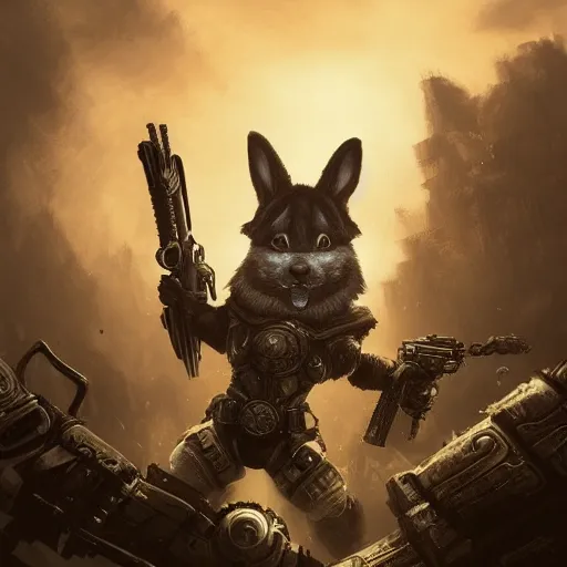 Prompt: cute little anthropomorphic Rabbit and a cool looking Wolf in Gears of War cover art, ultra wide lens shot , tiny, small, rage, short, cute and adorable, scary, brutal, pretty, beautiful, DnD character art portrait, matte fantasy painting, DeviantArt Artstation, by Jason Felix by Steve Argyle by Tyler Jacobson by Peter Mohrbacher, cinematic lighting