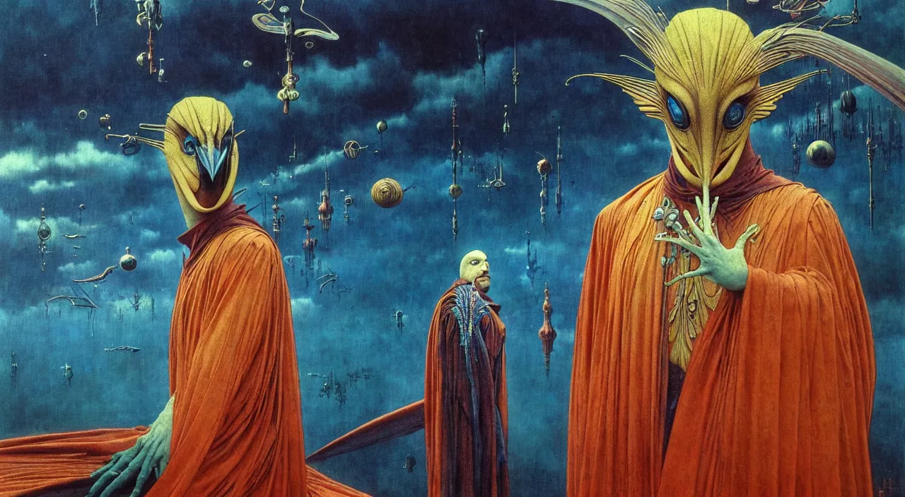 Prompt: realistic detailed portrait movie shot of a birdman wearing dark robes, sci fi city landscape background by denis villeneuve, amano, yves tanguy, alphonse mucha, ernst haeckel, max ernst, roger dean, masterpiece, rich moody colours, blue eyes, occult