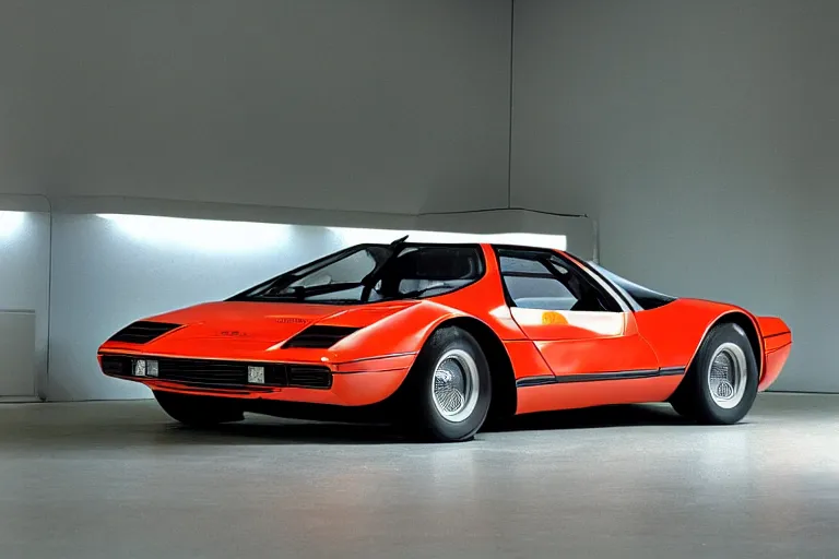 Image similar to designed by Giorgetto Giugiaro stylized poser of a single, 1973 Miura Citroen DM BMW M1 (McLaren F1) DeLorean, thick neon lights, ektachrome photograph, volumetric lighting, f8 aperture, cinematic Eastman 5384 film