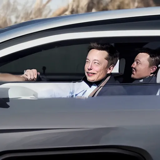 Image similar to Elon Musk waving out the driver's side window of a Rivian