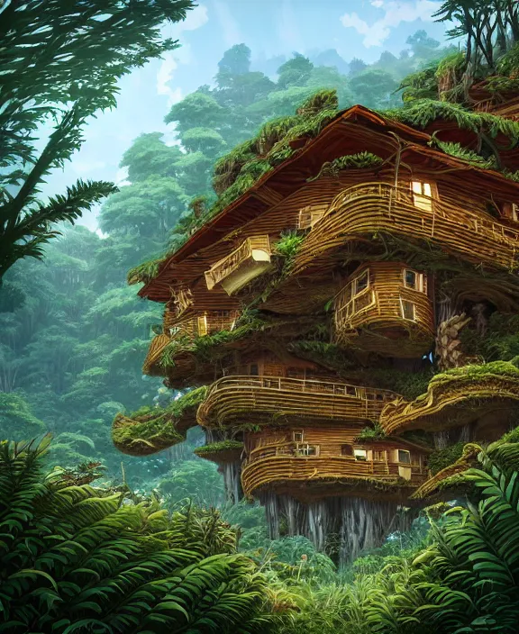 Image similar to an enormous cabin exterior, overgrown with exotic fungus, overgrown with huge ferns, cliff side, noon, sun drenched, partly cloudy, by dan mumford, yusuke murata, makoto shinkai, ross tran, cinematic, unreal engine, cel shaded, featured on artstation, pixiv