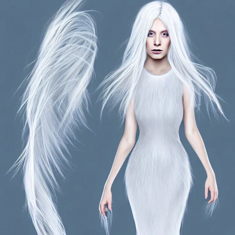 Image similar to professional digital art portrait of a wonderful symmetrical albino goddess with a fuffy white hair and dressed with a majestic sem transparent cotton dress