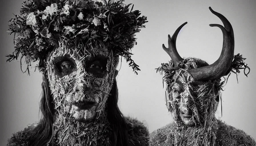 Image similar to portrait of a tyrolean folklore mask, dolomite, forest, wearing hay coat, with horns, eerie, flowers growing out of his body, detailed intricate insanely detailed octane render, 8k artistic 1920s photography, black and white, grainy, photorealistic, chiaroscuro, by David Cronenberg, Raphael, Caravaggio