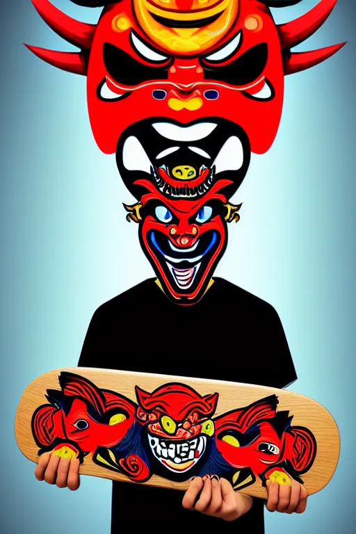 Image similar to guy wearing oni mask and bring skateboard. pop art, no duplicate image, glowing lights, ultra details, digital painting, artstation, concept art, smooth, sharp focus, illustration, intricate details, art by richard hamilton and mimmo rottela, pixels art by kirokaze and paul robertson