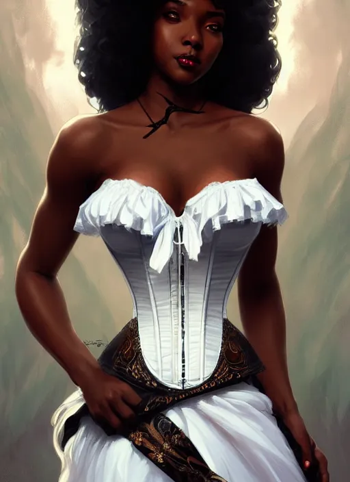 Image similar to cute black woman wearing a white corset dress, fantasy, intricate, highly detailed, digital painting, artstation, concept art, wallpaper, smooth, sharp focus, illustration, art by artgerm and greg rutkowski and alphonse mucha