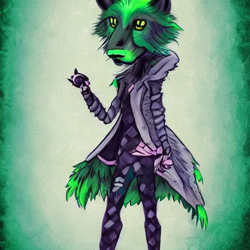 Image similar to Beautiful digital painting of an anthro anthropomorphic pastel-green wolf, Punk outfit. Western comic book style, inked, cute, cozy