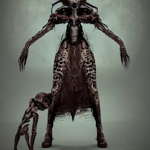 Image similar to Skull that look too much like skull!, crypt lurker, 8k CG character rendering of a spider-like hunting female on its back, fangs extended, wearing a leopard-patterned dress, set against a white background, with textured hair and skin.